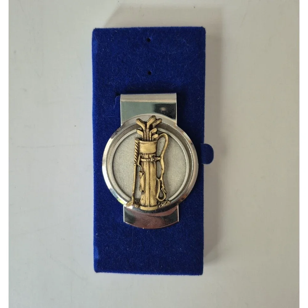 Fort Vintage Silver and Gold Tone Golf Clubs Money Clip in Original Lined Box